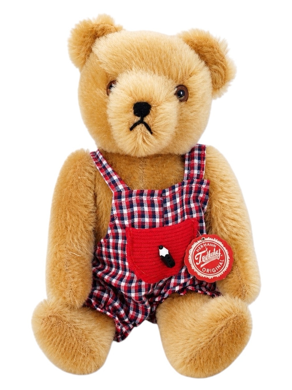 VINTAGE HERMANN ORIGINAL MOHAIR TEDDY BEAR WEARING CHECKED OVERALLS
